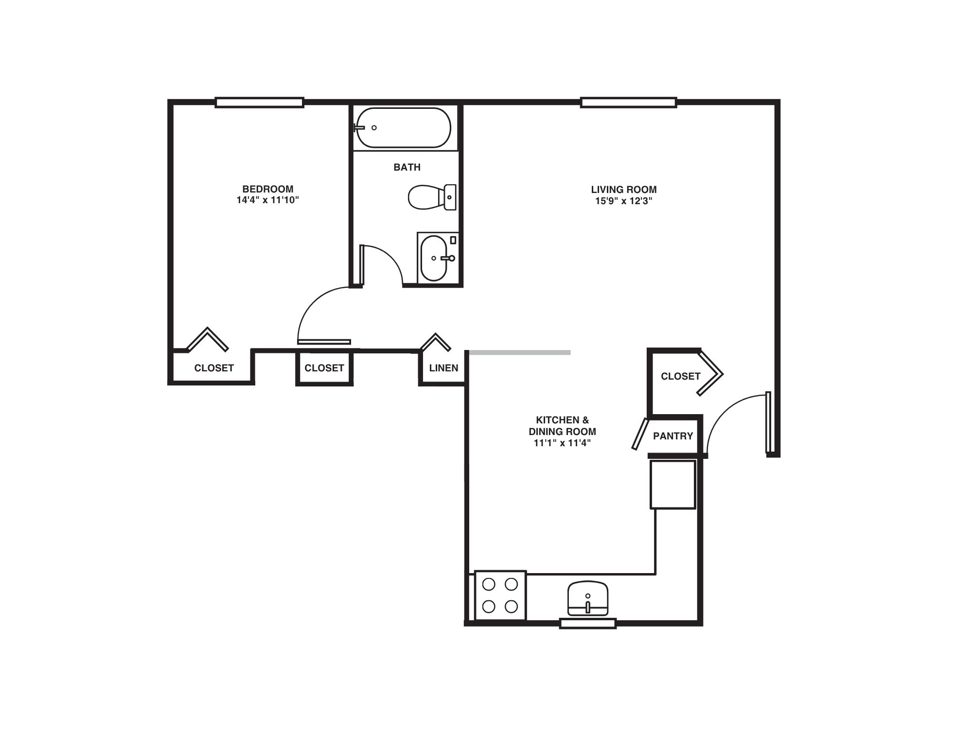 Floor plan for 1 bed, 1 bath, 650 sqft